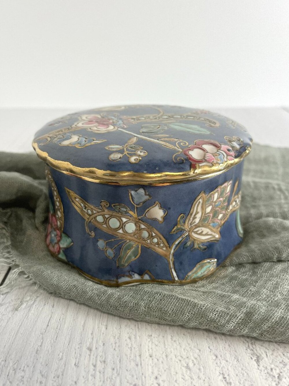 Vintage Chinoiserie Porcelain Trinket Box Cobalt Blue Floral Gold